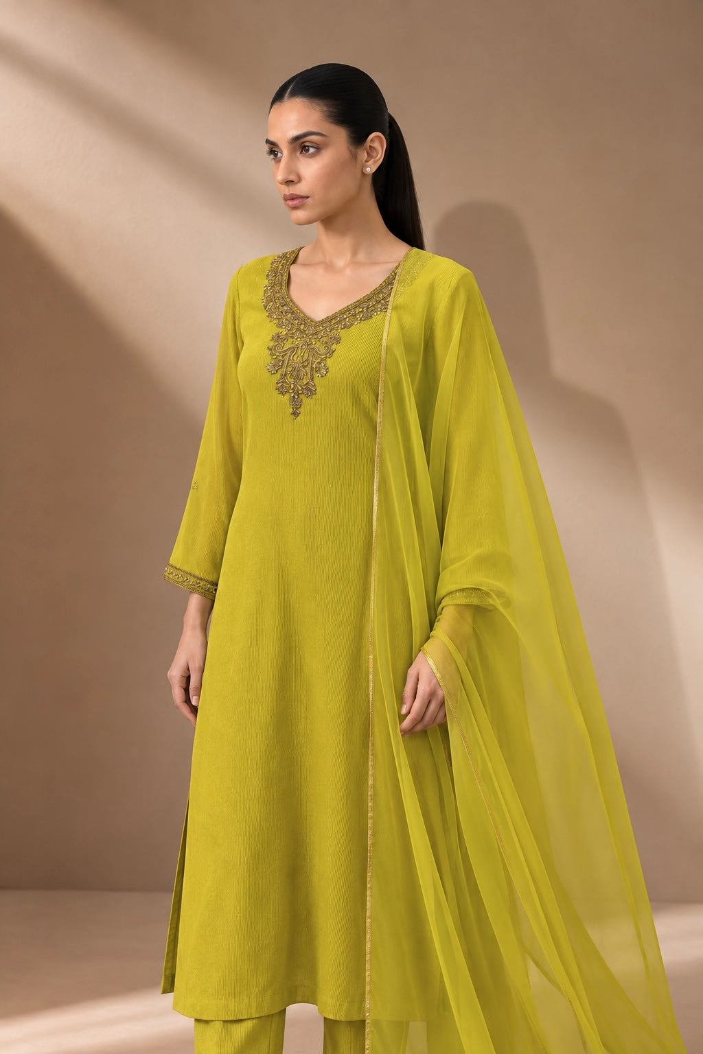 LIME TEXTURED EMBROIDERED KURTA SET