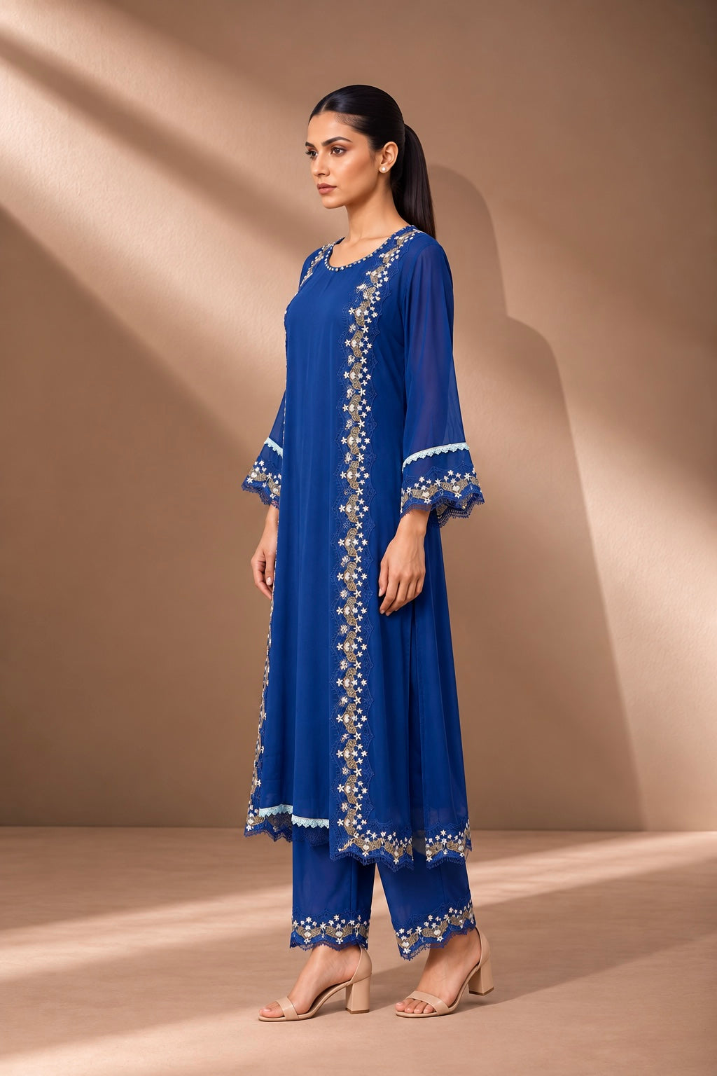 MIDNIGHT BLUE FLORAL PANEL KURTA SET