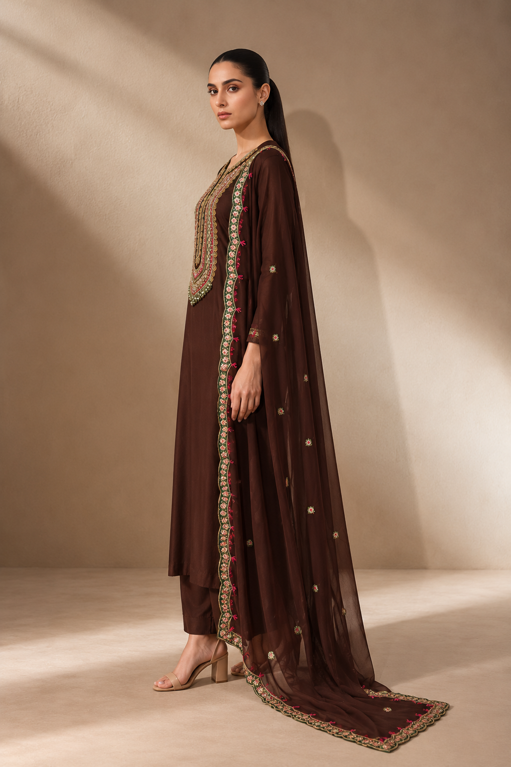 CHOCOLATE BROWN EMBROIDERED KURTA SET