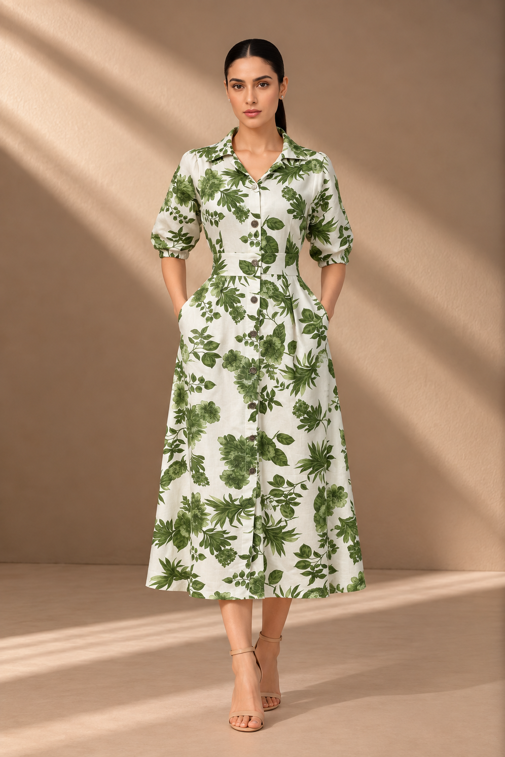 GREEN FLORAL LINEN DRESS