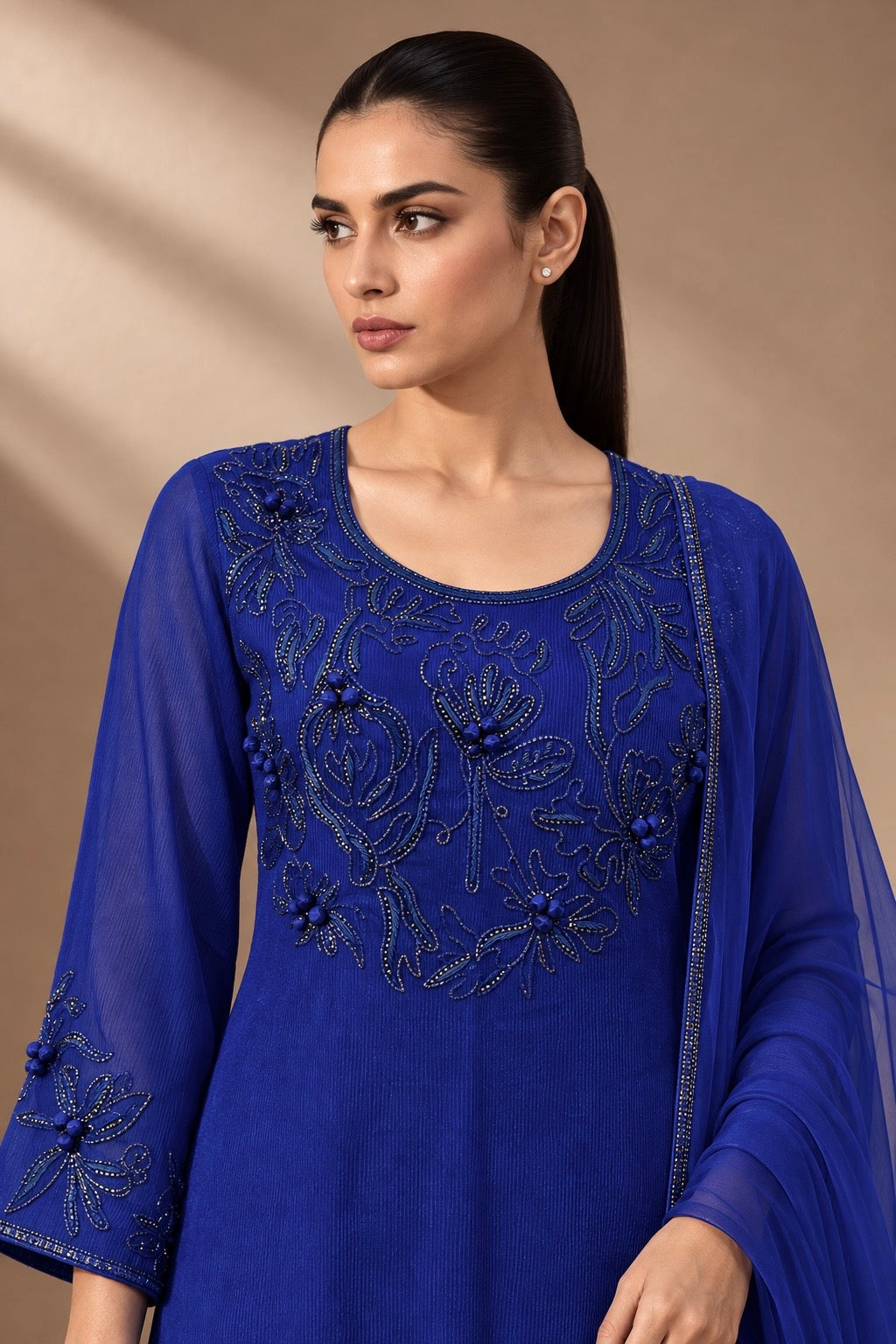 ROYAL BLUE TEXTURED NET KURTA SET