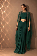 EMERALD GREEN DRAPED SKIRT SET WITH ORGANZA JACKET