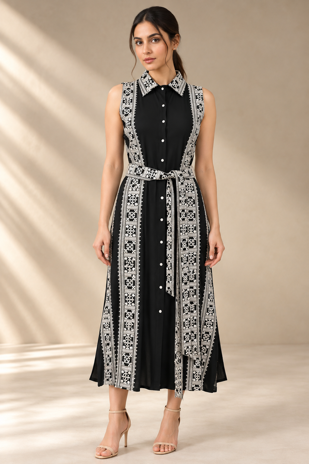 BLACK COTTON WHITE THREADWORK DRESS