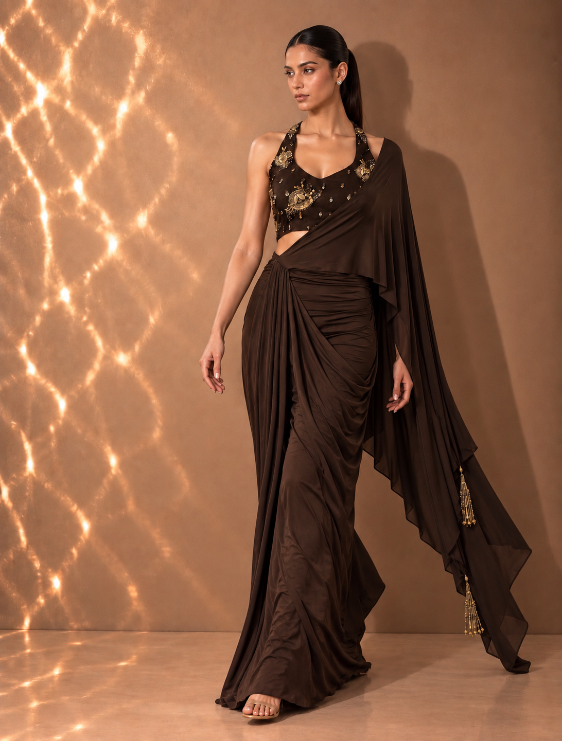 CHOCOLATE BROWN DRAPED SAREE