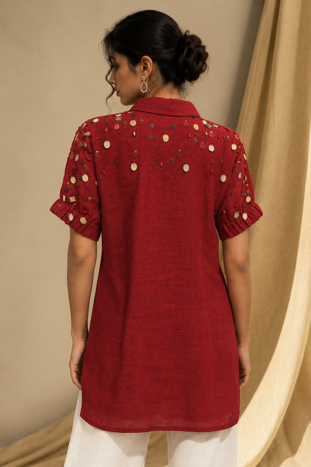 DEEP BERRY RED LINEN EMBROIDERED SHIRT