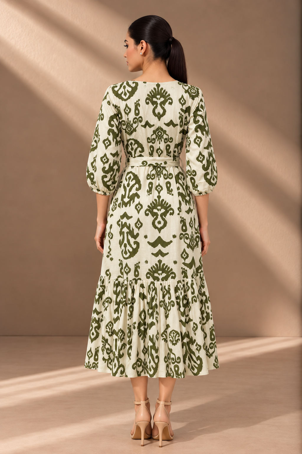 OLIVE GREEN PRINTED LINEN DRESS