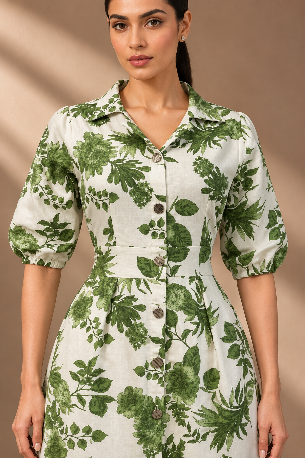 GREEN FLORAL LINEN DRESS