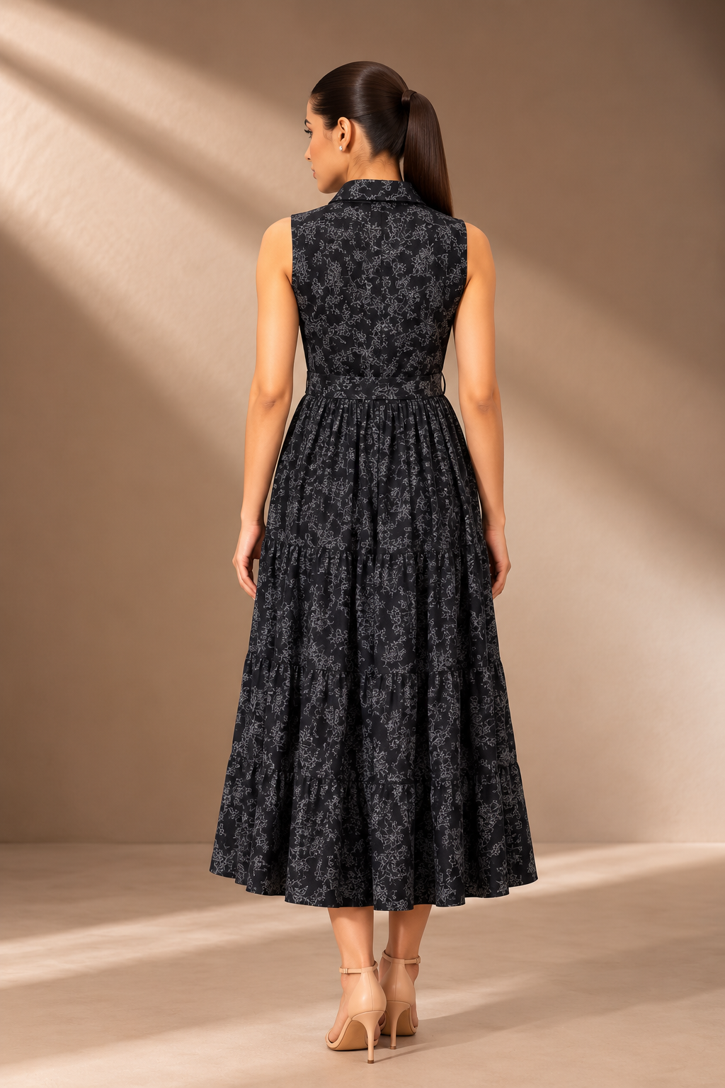 BLACK COTTON JACQUARD THREADWORK DRESS