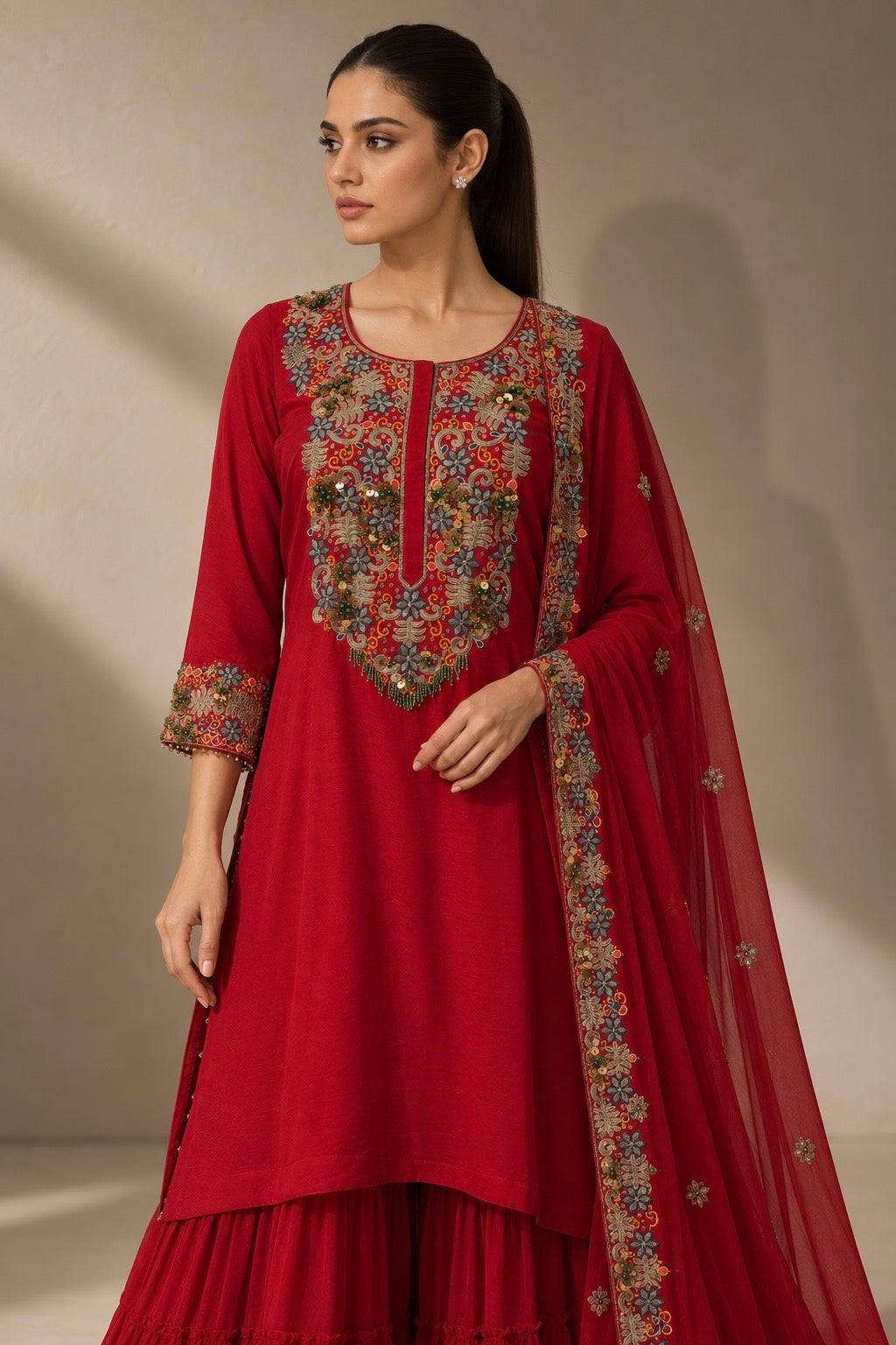 RED EMBROIDERED KURTA & SHARARA SET