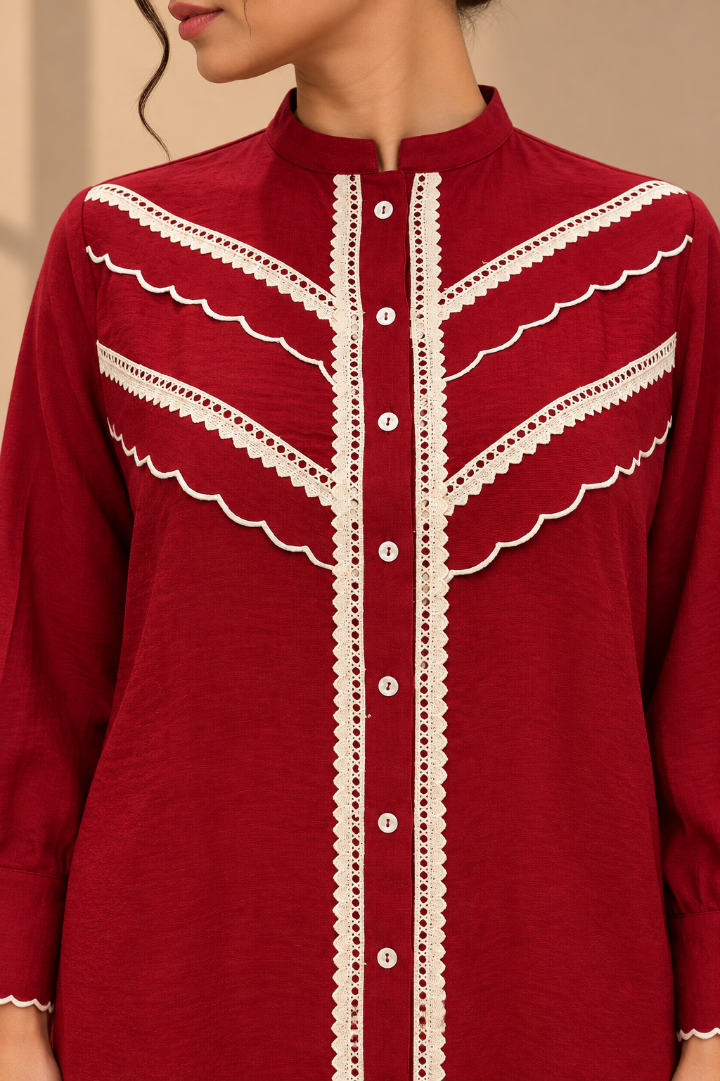 CRIMSON SCALLOP- TRIM SHIRT