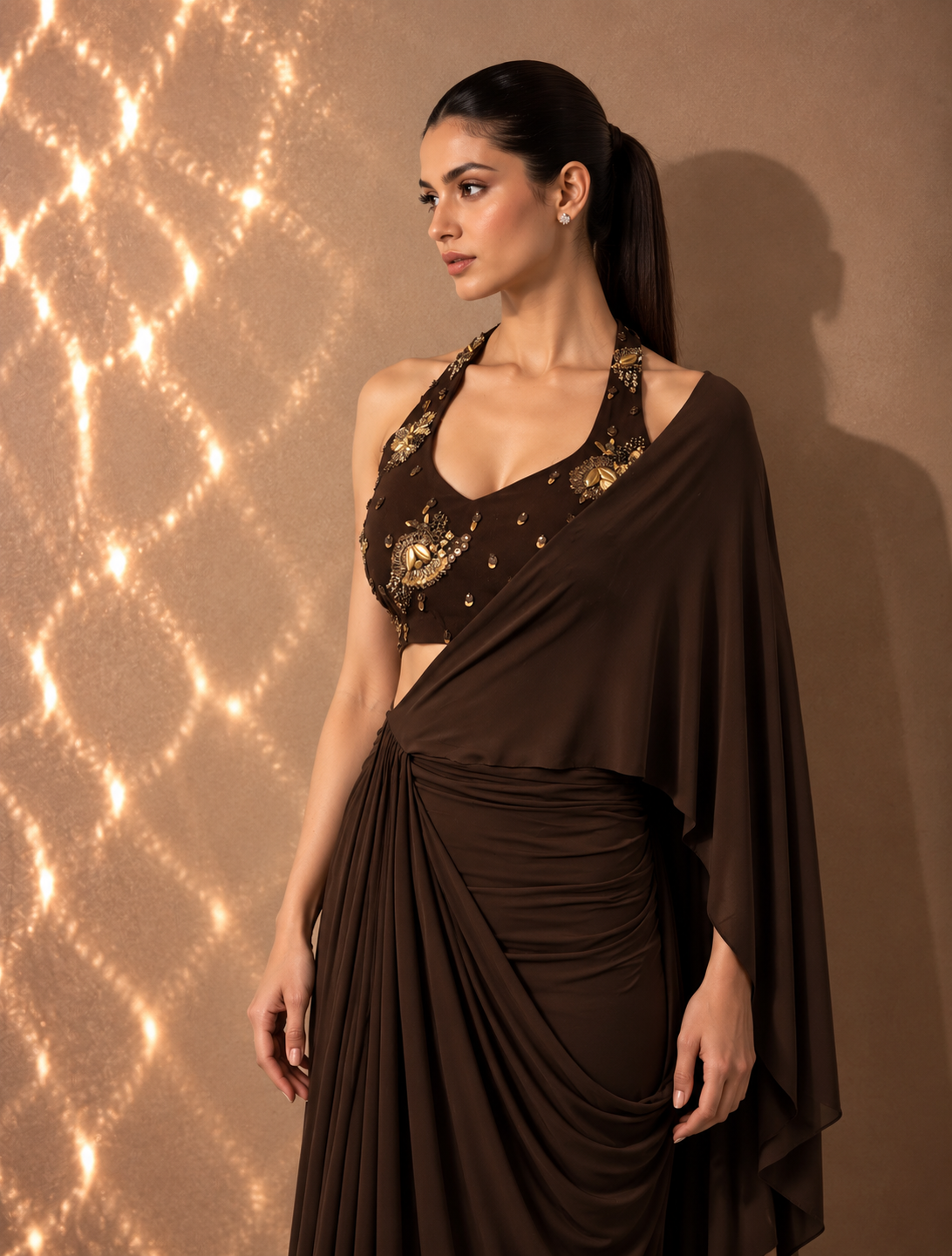 CHOCOLATE BROWN DRAPED SAREE