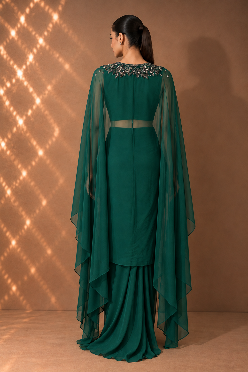 EMERALD GREEN DRAPED SKIRT SET WITH ORGANZA JACKET