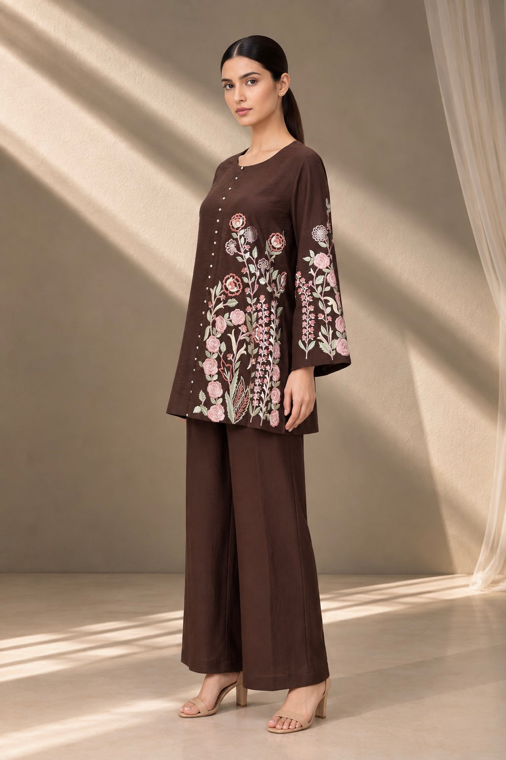 BROWN FLORAL EMBROIDERED CO-ORD SET