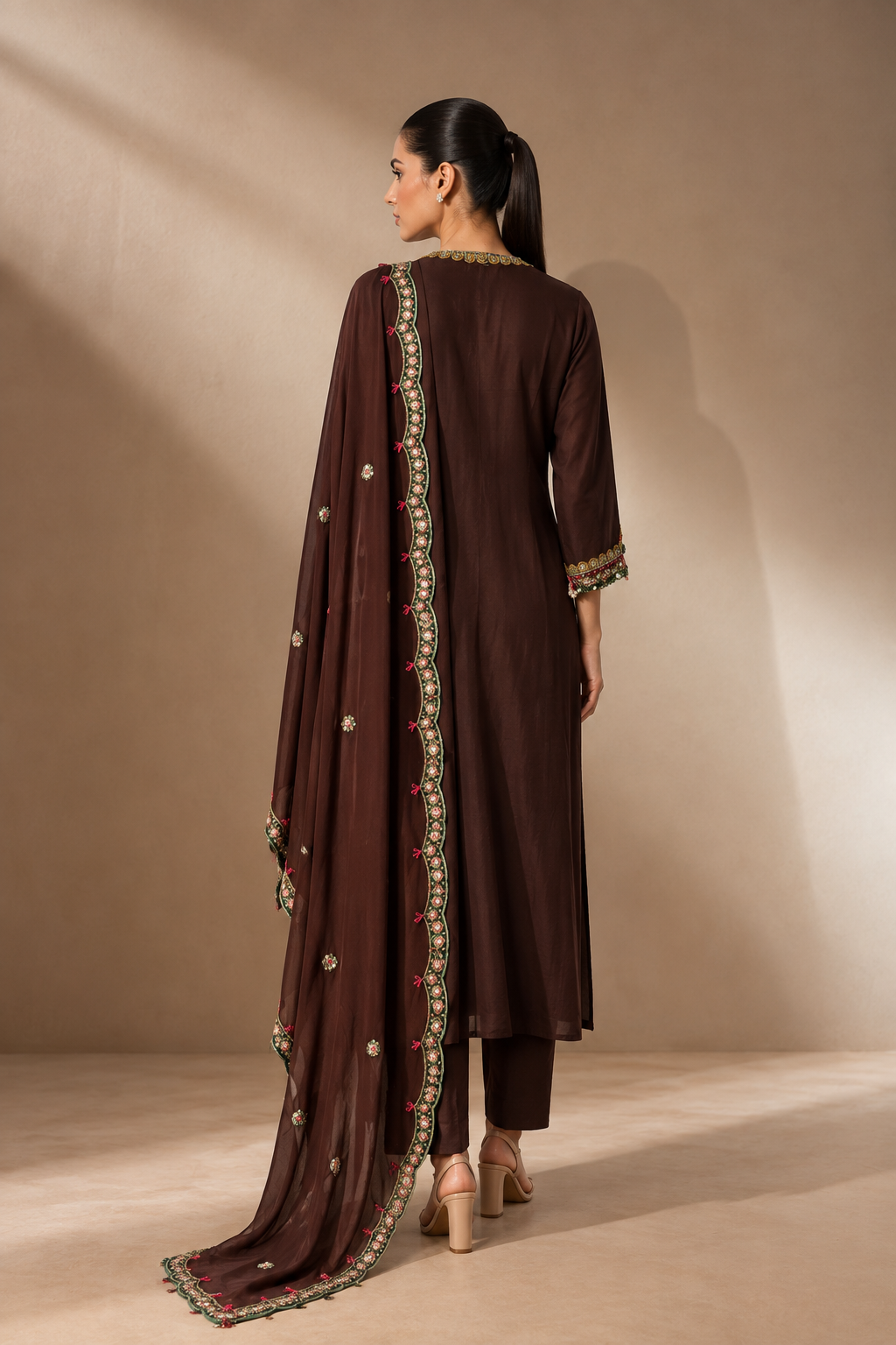CHOCOLATE BROWN EMBROIDERED KURTA SET