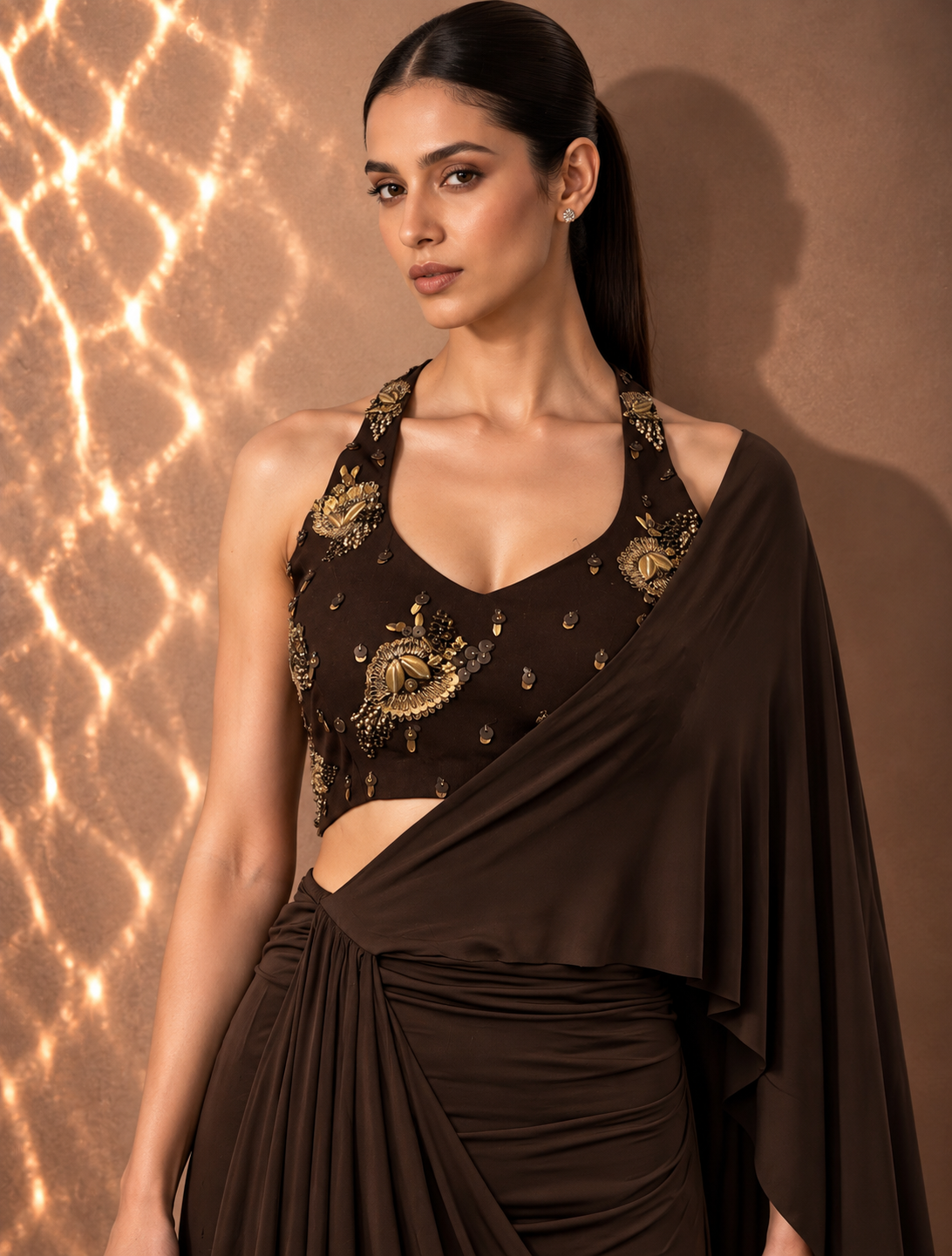 CHOCOLATE BROWN DRAPED SAREE