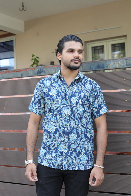 Blue and White Floral Printed Shirt