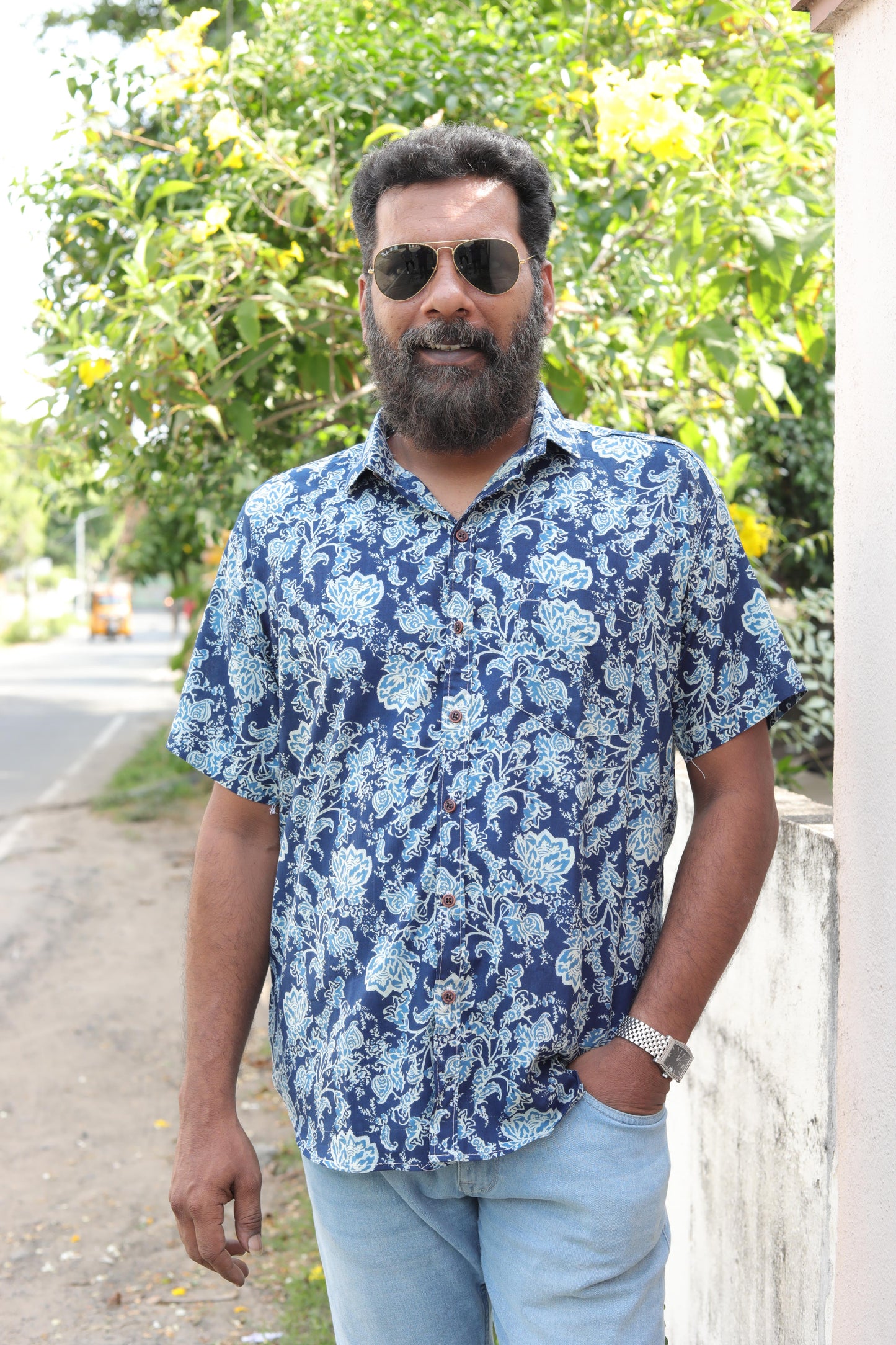 Blue and White Floral Printed Shirt