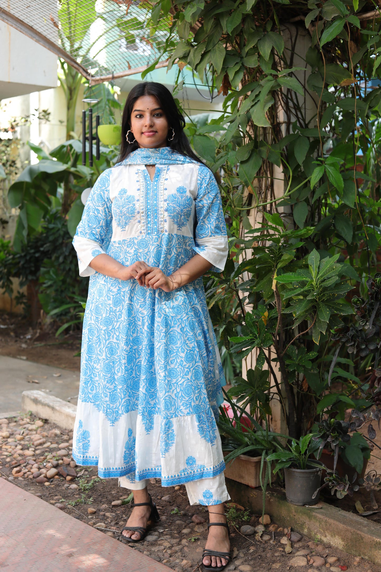 Blue and White Kurta Set with Dupatta