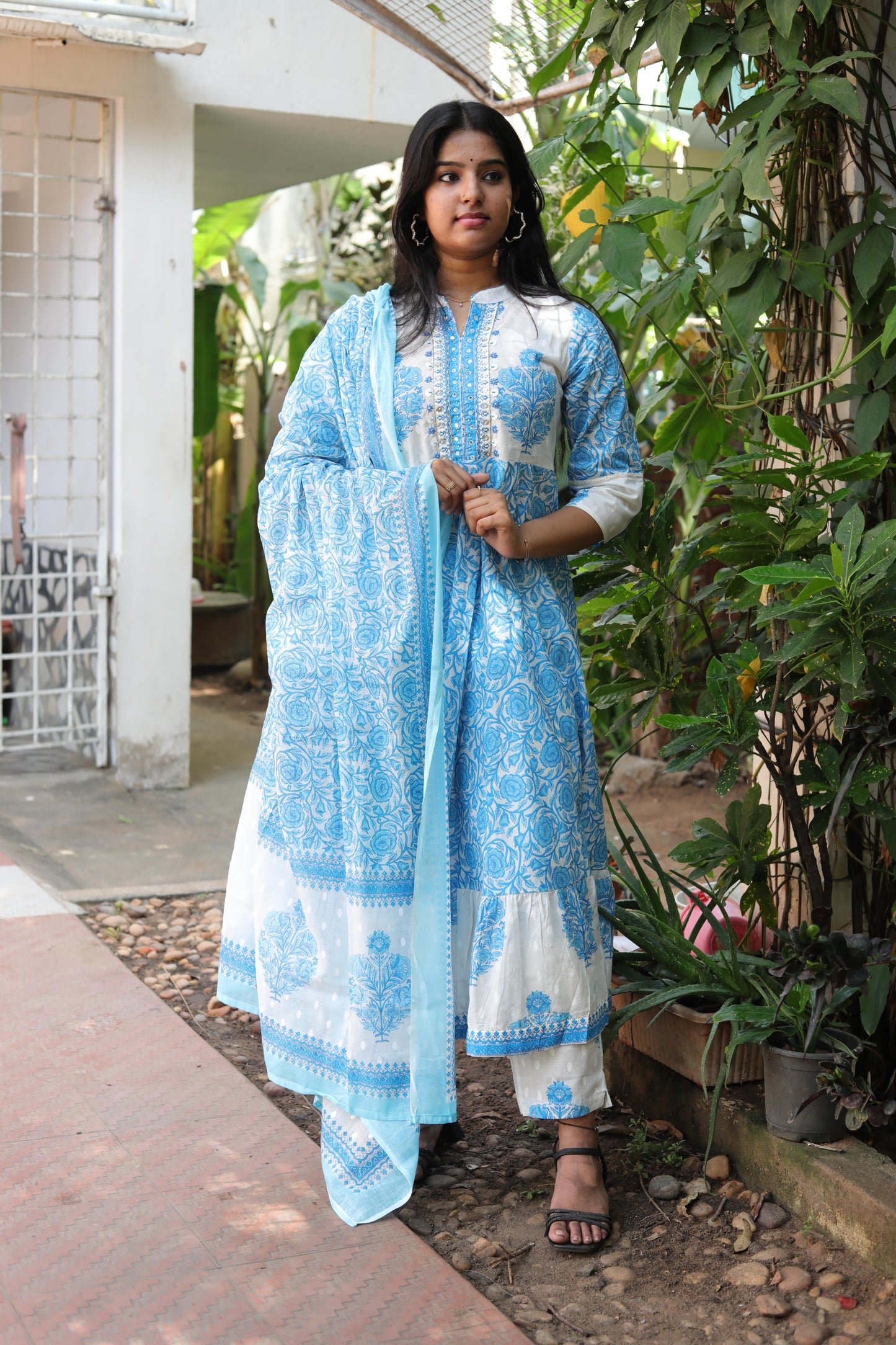 Blue and White Kurta Set with Dupatta