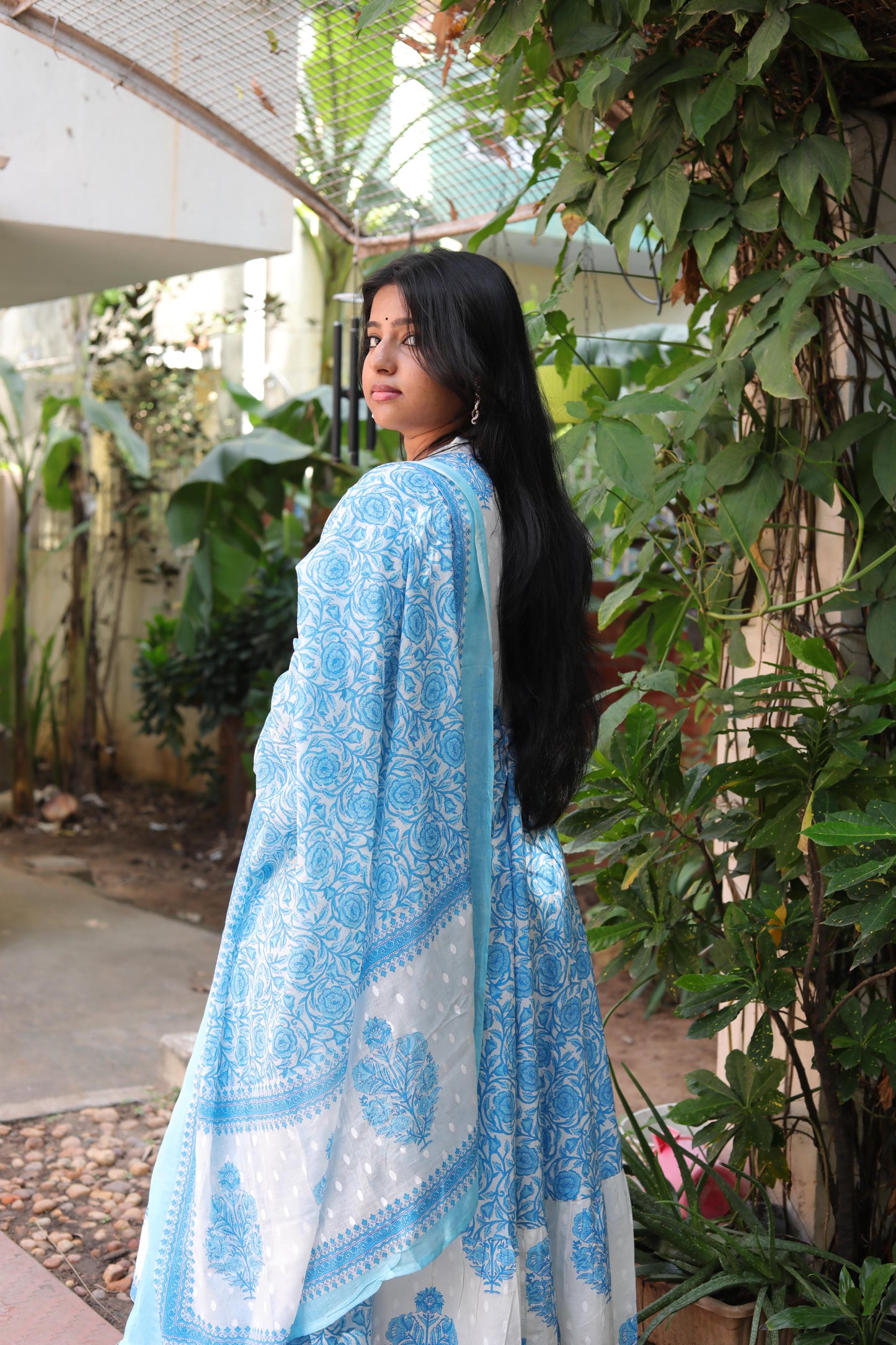 Blue and White Kurta Set with Dupatta