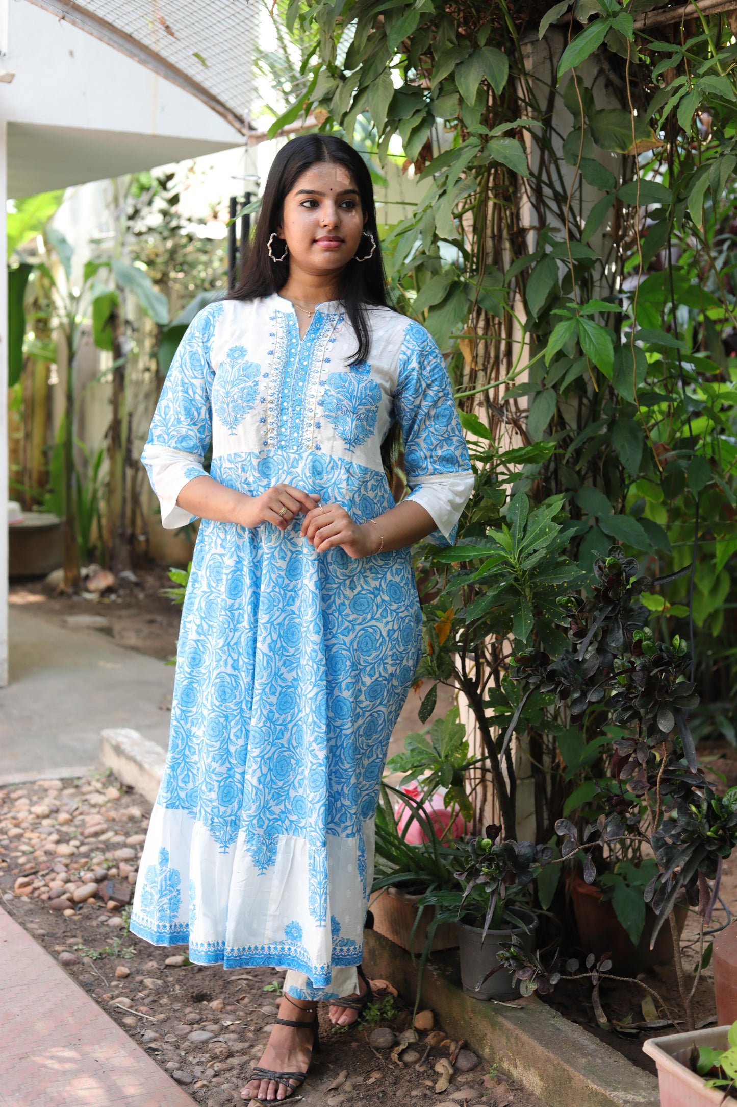 Blue and White Kurta Set with Dupatta