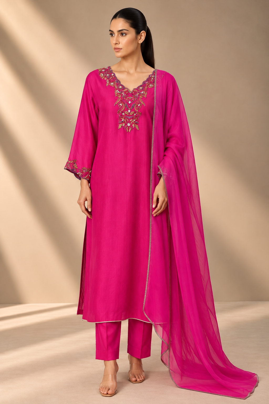 FUCHSIA EMBROIDERED TEXTURED NET KURTA SET