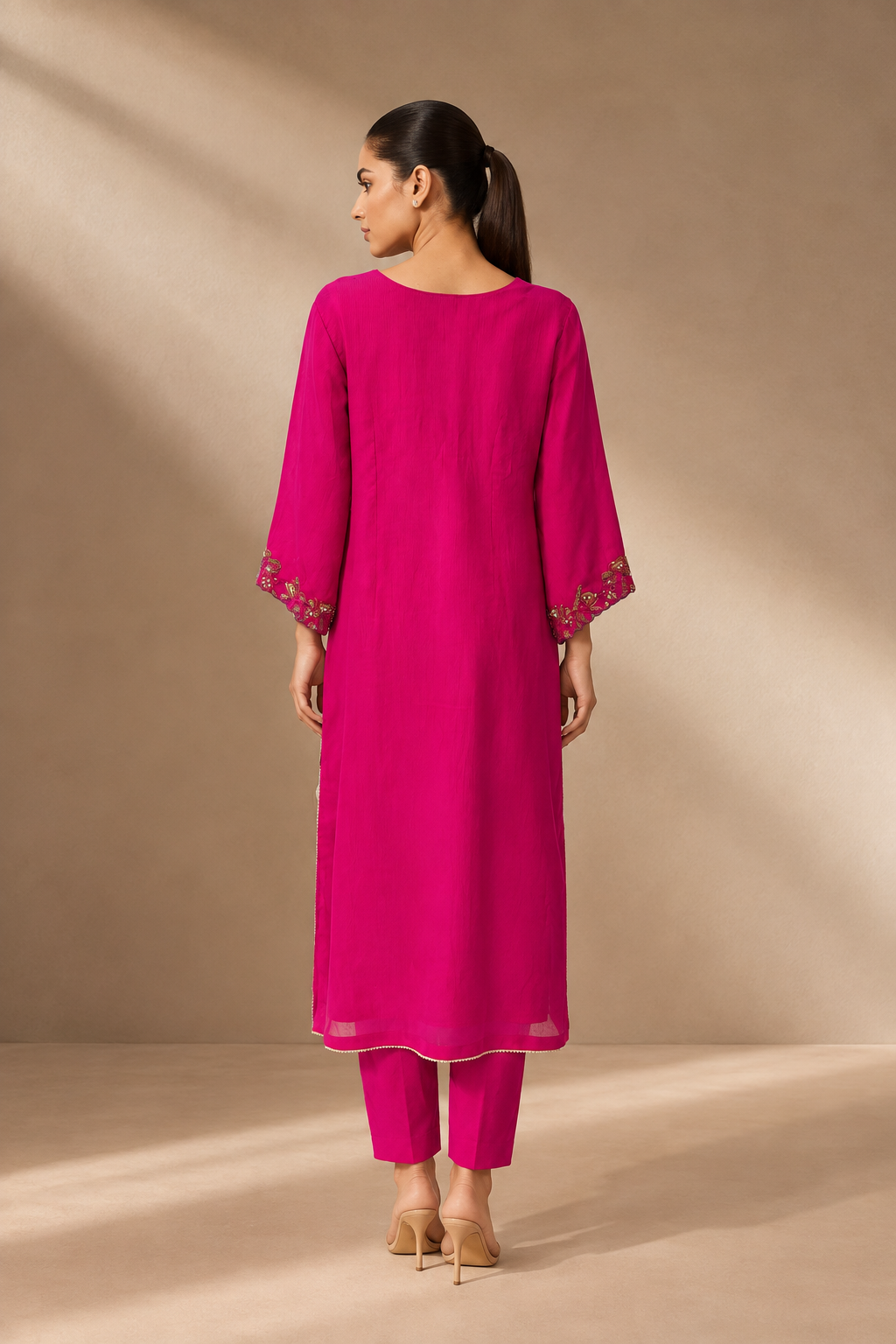 FUCHSIA EMBROIDERED TEXTURED NET KURTA SET