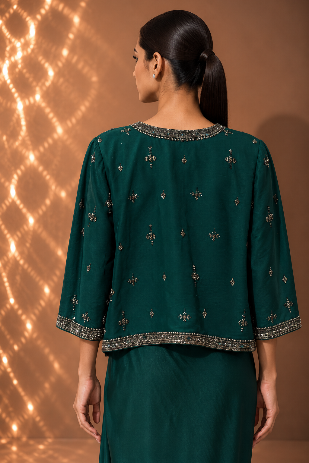 EMERALD GREEN DRAPED DRESS WITH EMBELLISHED JACKET