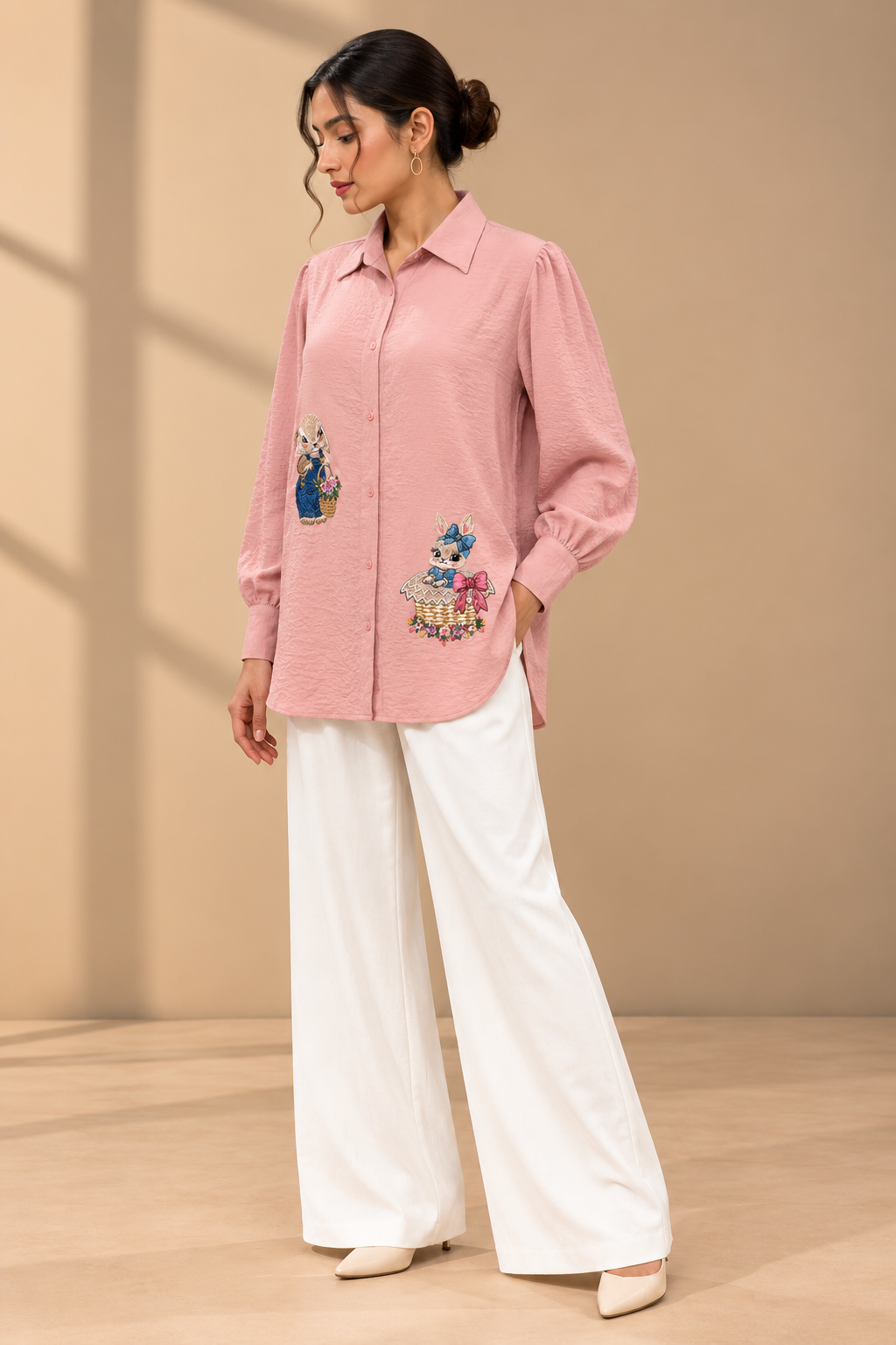 BLUSH PINK RABIT EMBROIDERED SHIRT