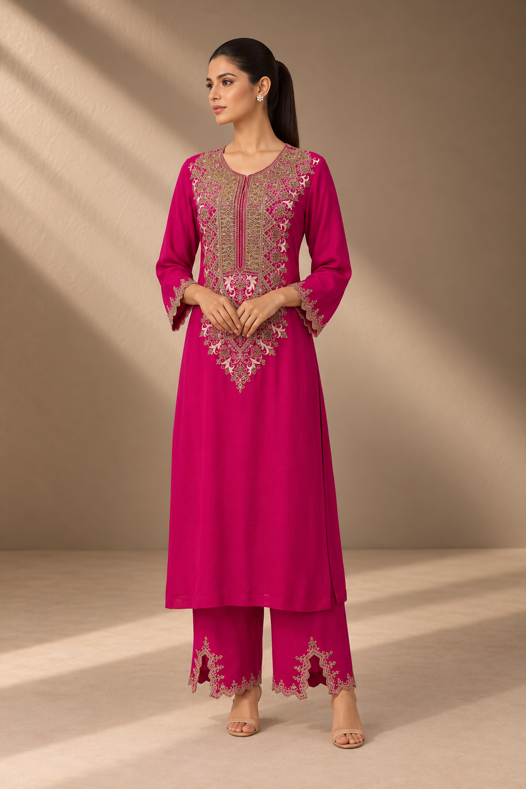 FUCHSIA PINK EMBROIDERED KURTA SET
