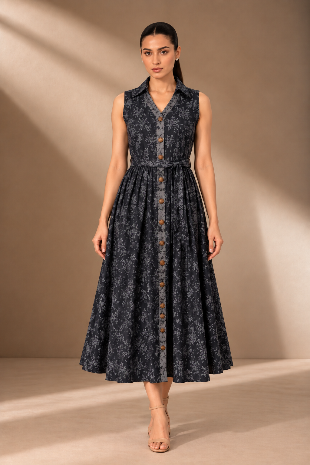 BLACK COTTON JACQUARD THREADWORK DRESS