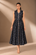 BLACK COTTON JACQUARD THREADWORK DRESS