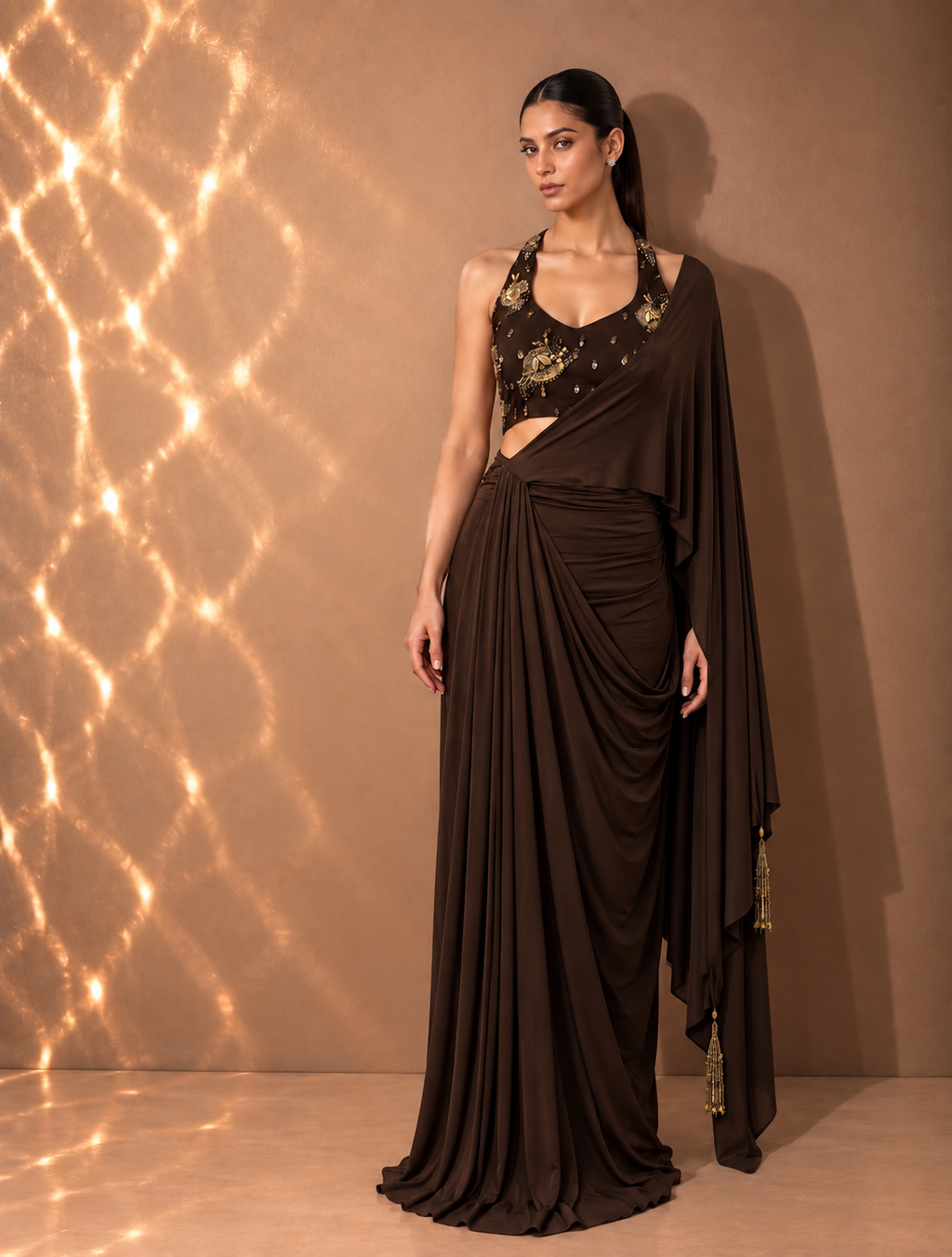 CHOCOLATE BROWN DRAPED SAREE