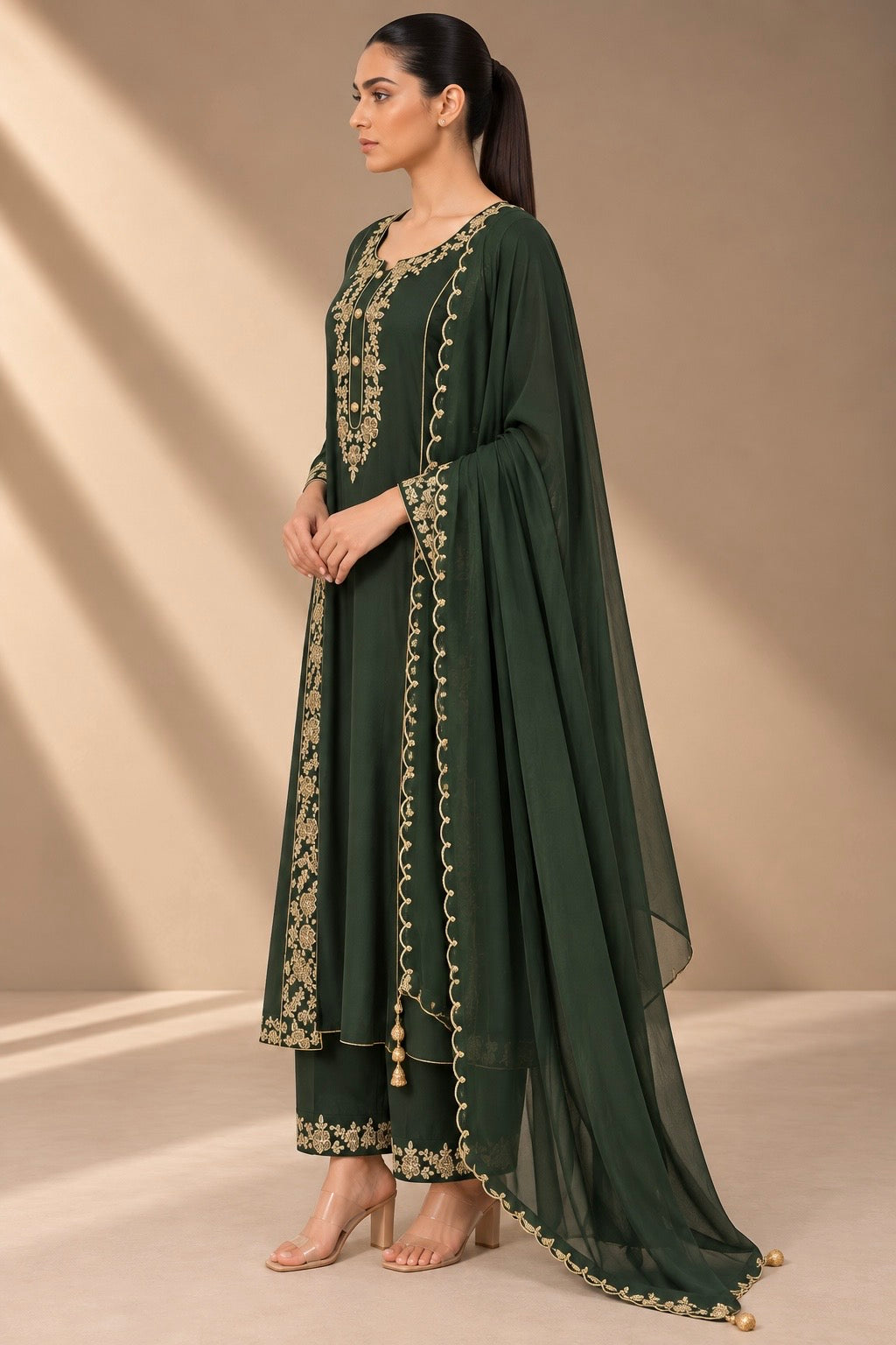 RIPE GREEN EMBROIDERED CHANDERI KURTA SET