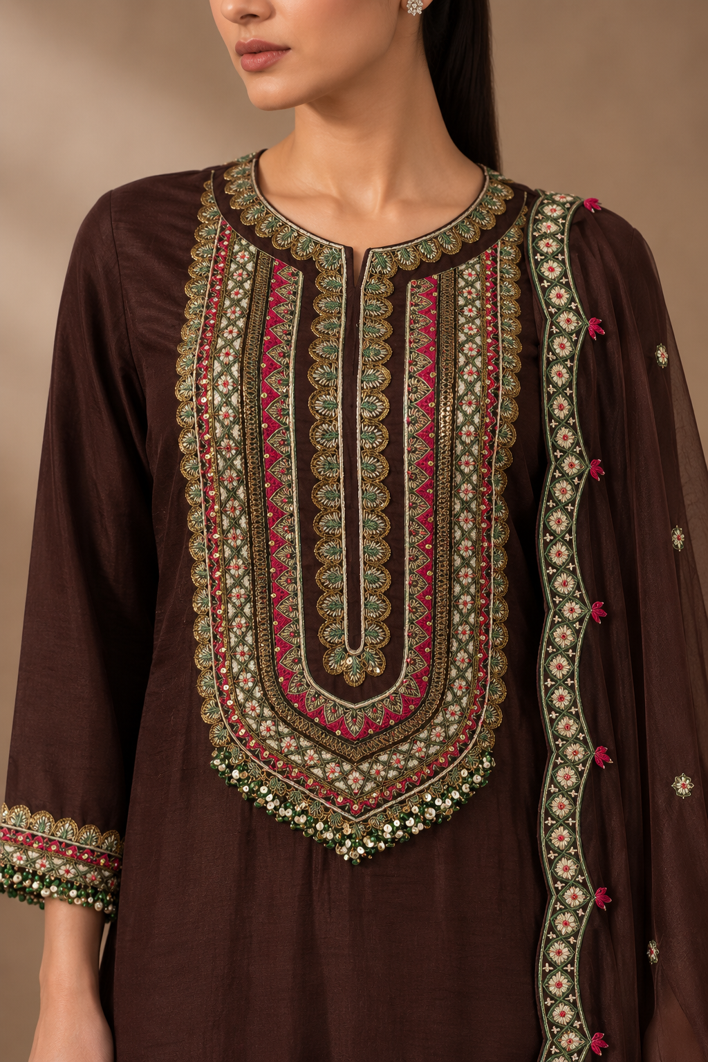 CHOCOLATE BROWN EMBROIDERED KURTA SET