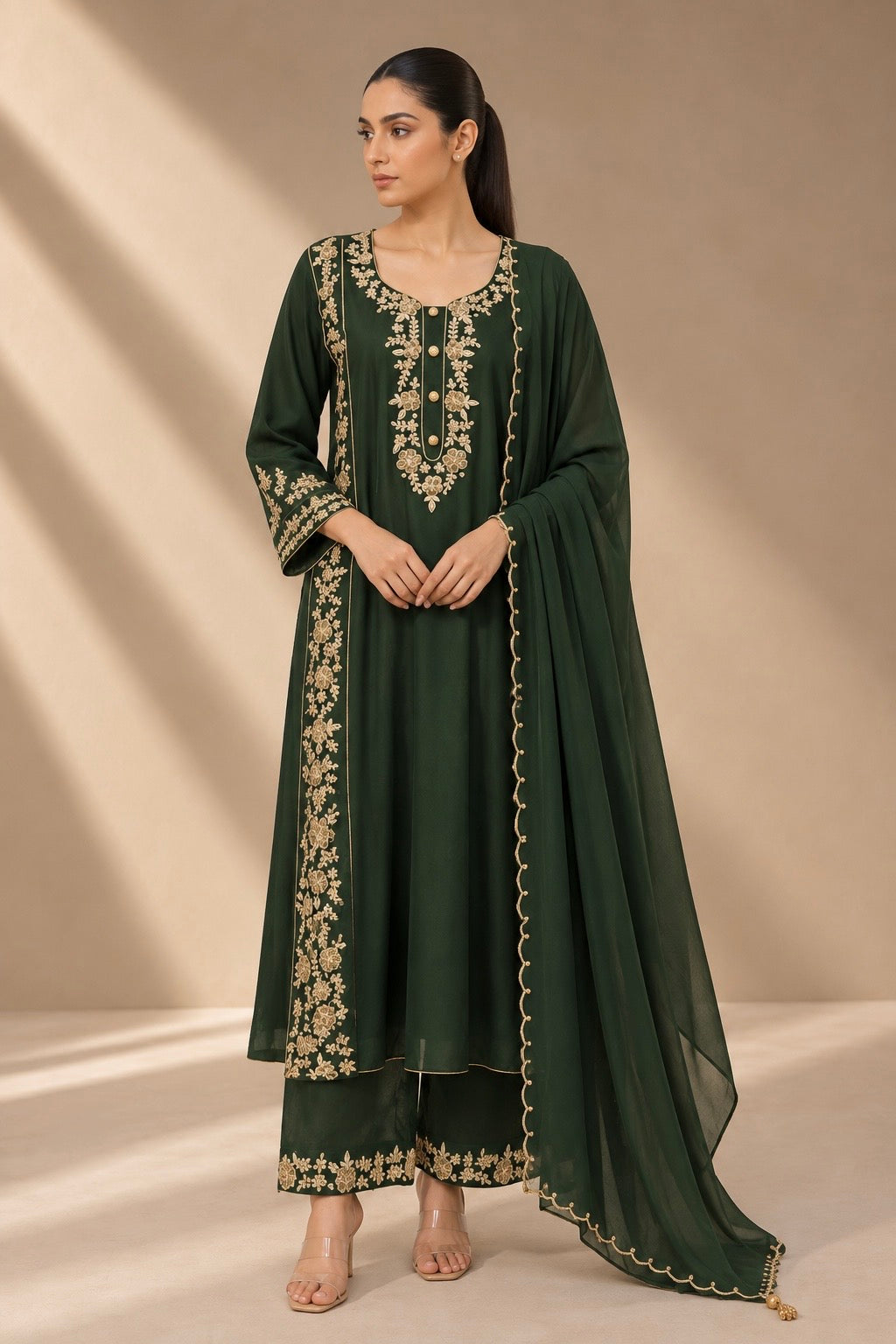 RIPE GREEN EMBROIDERED CHANDERI KURTA SET