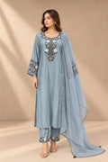 POWDER BLUE EMBROIDERED CHANDERI KURTA SET