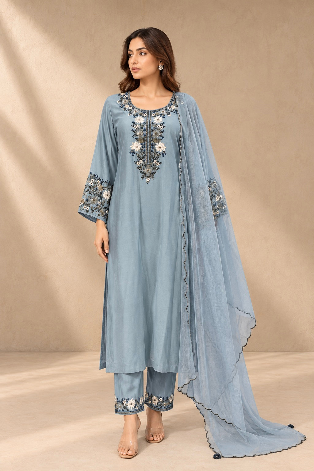 POWDER BLUE EMBROIDERED CHANDERI KURTA SET