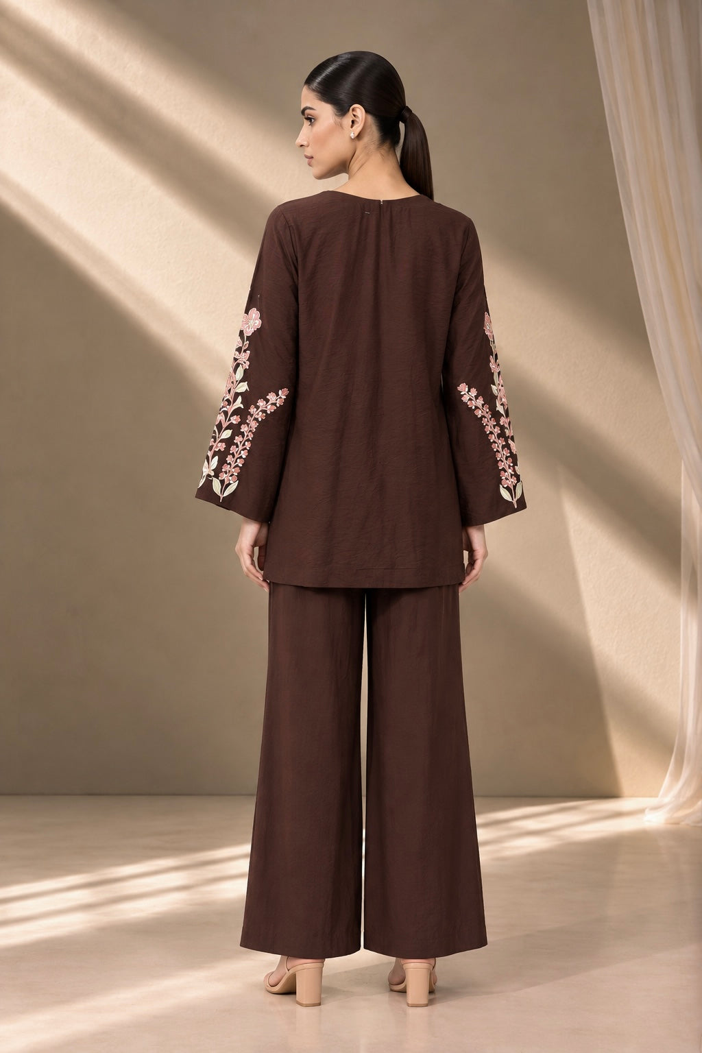 BROWN FLORAL EMBROIDERED CO-ORD SET