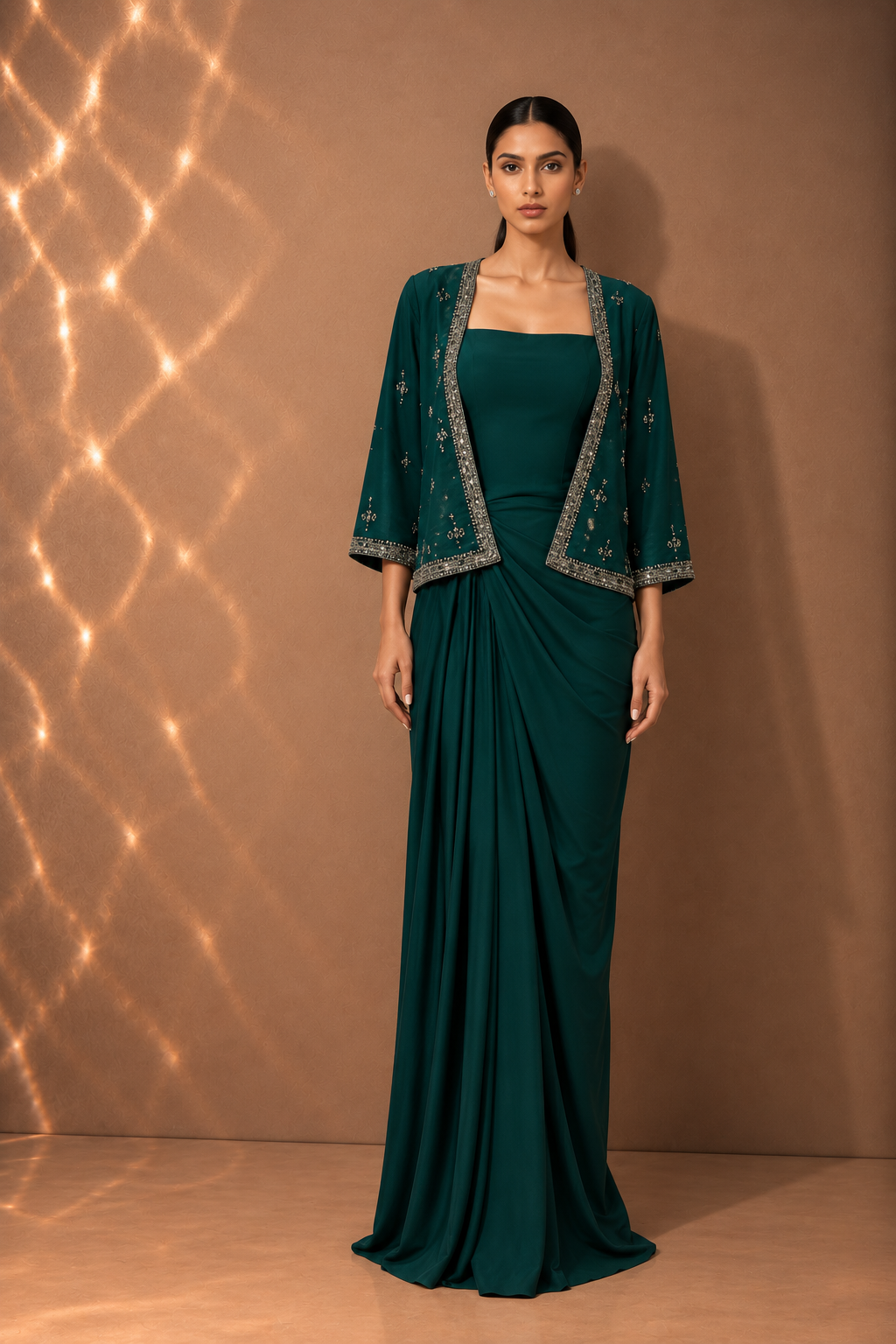 EMERALD GREEN DRAPED DRESS WITH EMBELLISHED JACKET