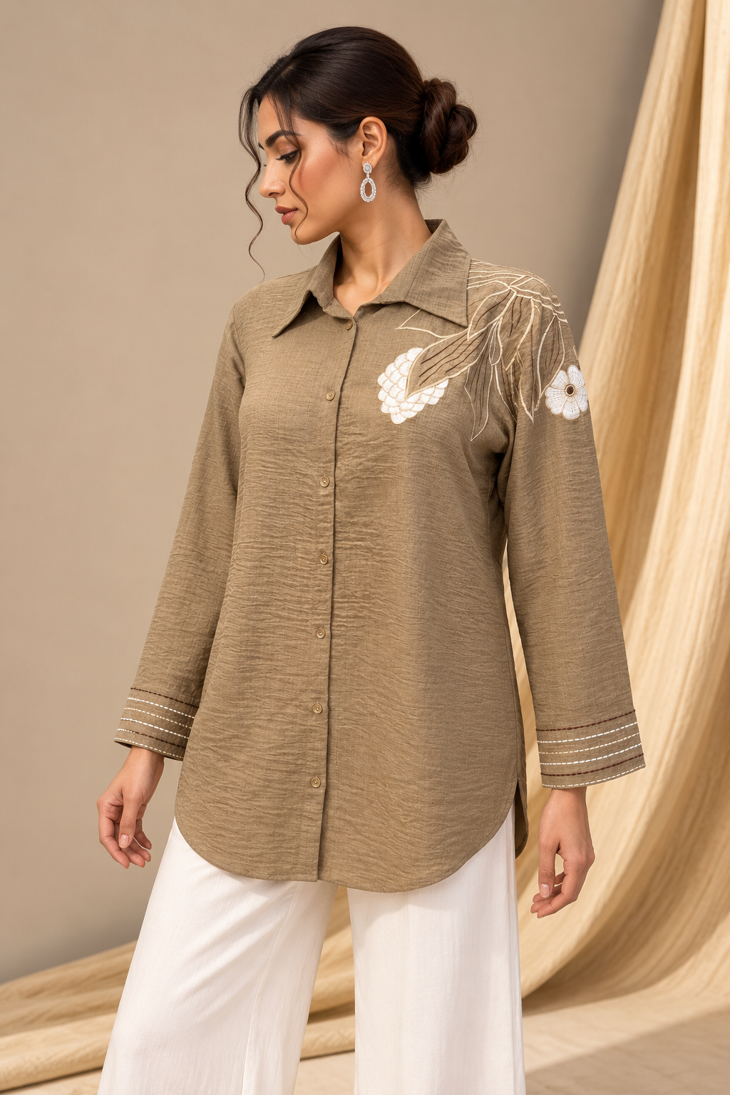 BEIGE TEXTURED THREADWORK SHIRT