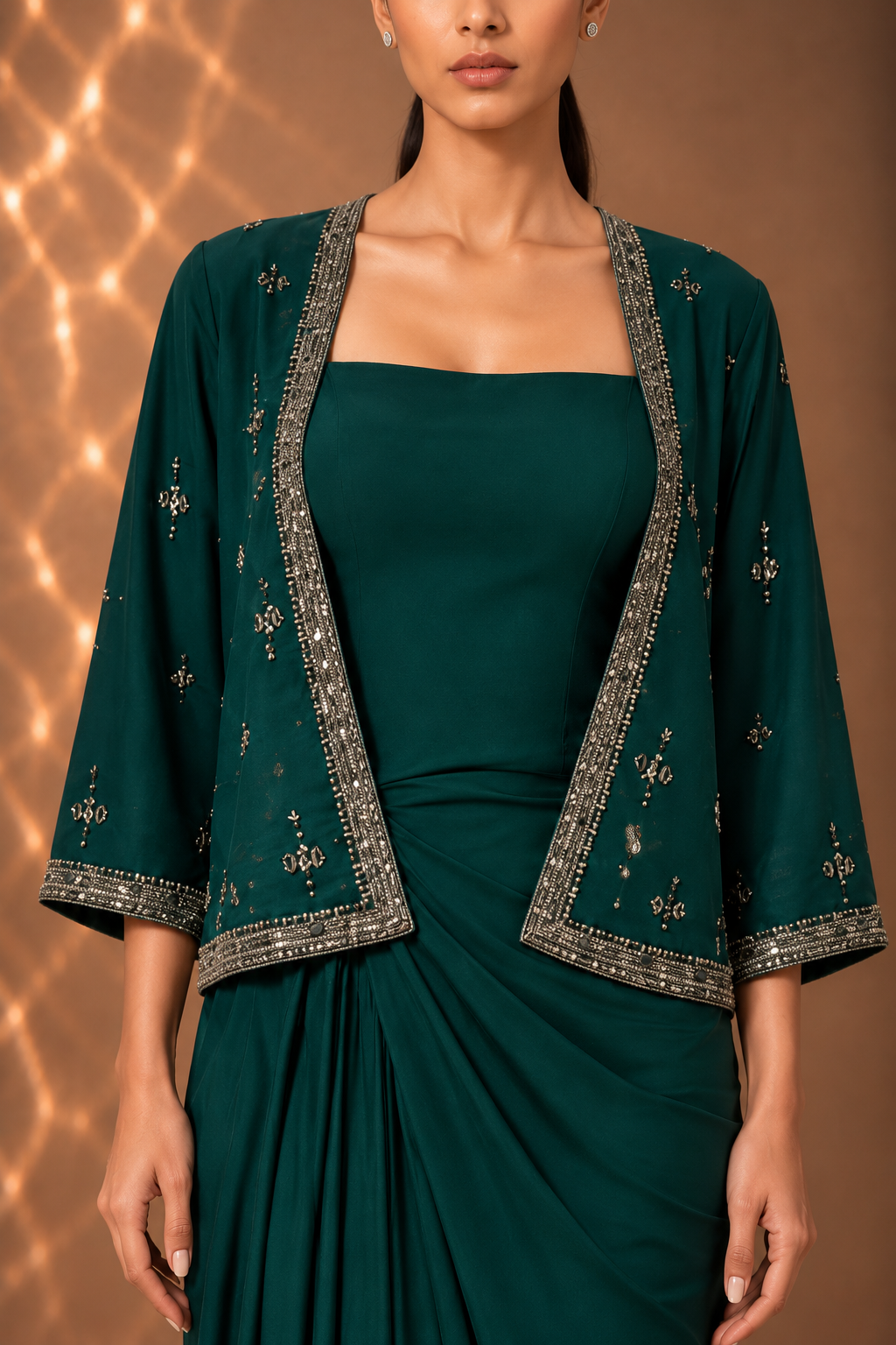 EMERALD GREEN DRAPED DRESS WITH EMBELLISHED JACKET