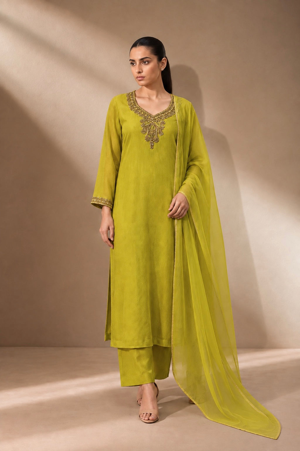 LIME TEXTURED EMBROIDERED KURTA SET