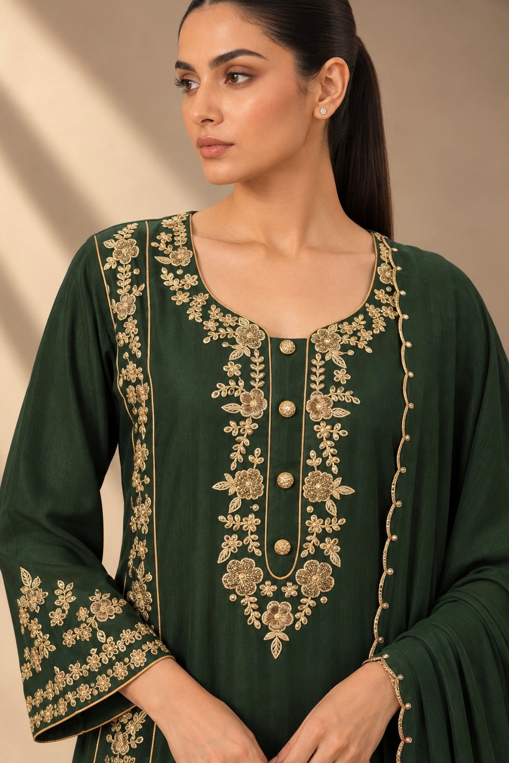 RIPE GREEN EMBROIDERED CHANDERI KURTA SET