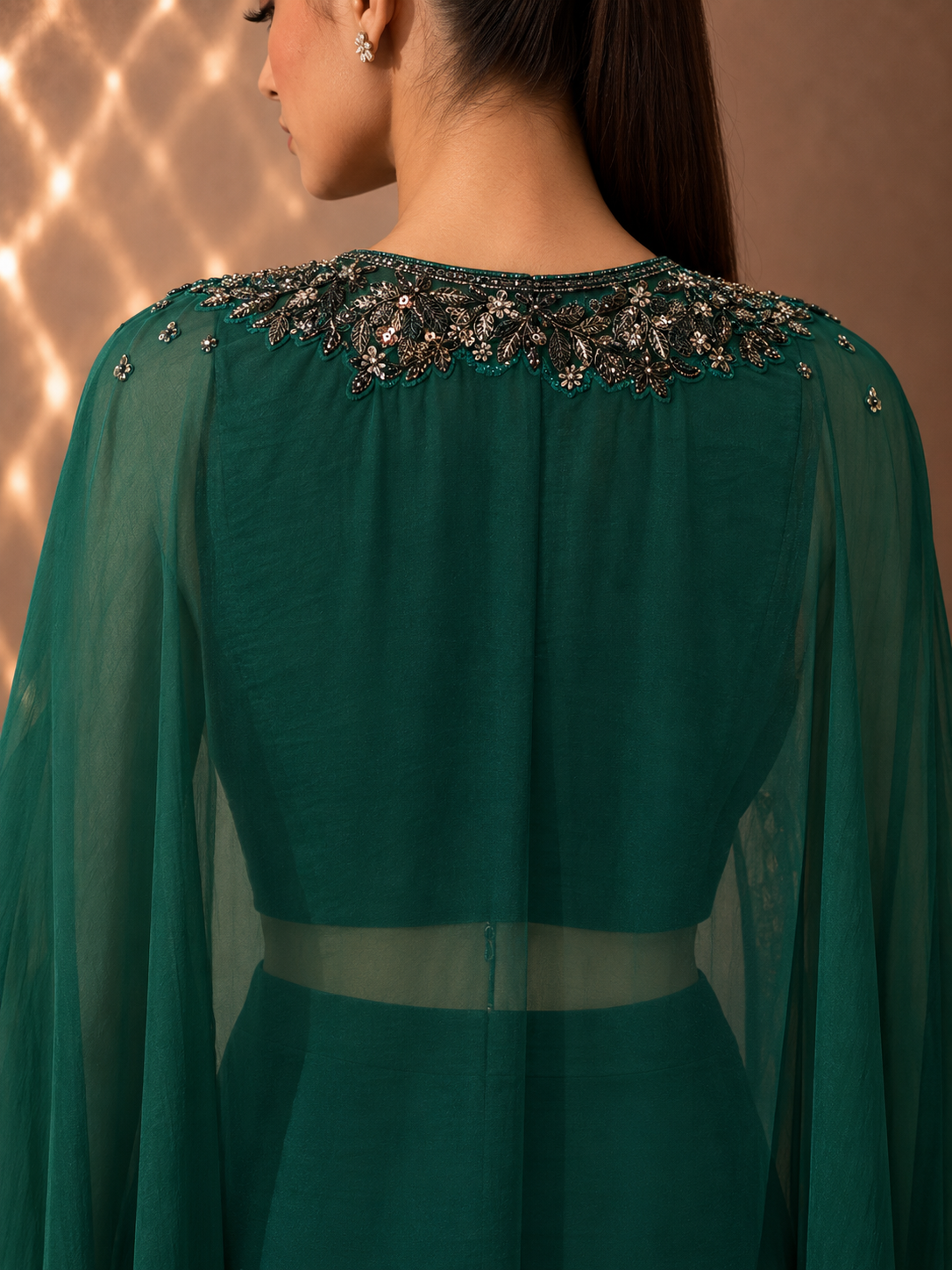 EMERALD GREEN DRAPED SKIRT SET WITH ORGANZA JACKET