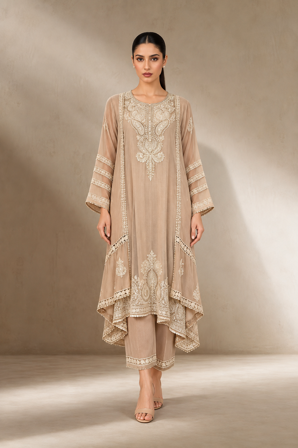 EMBROIDERED MUL CHANDERI KURTA SET WITH