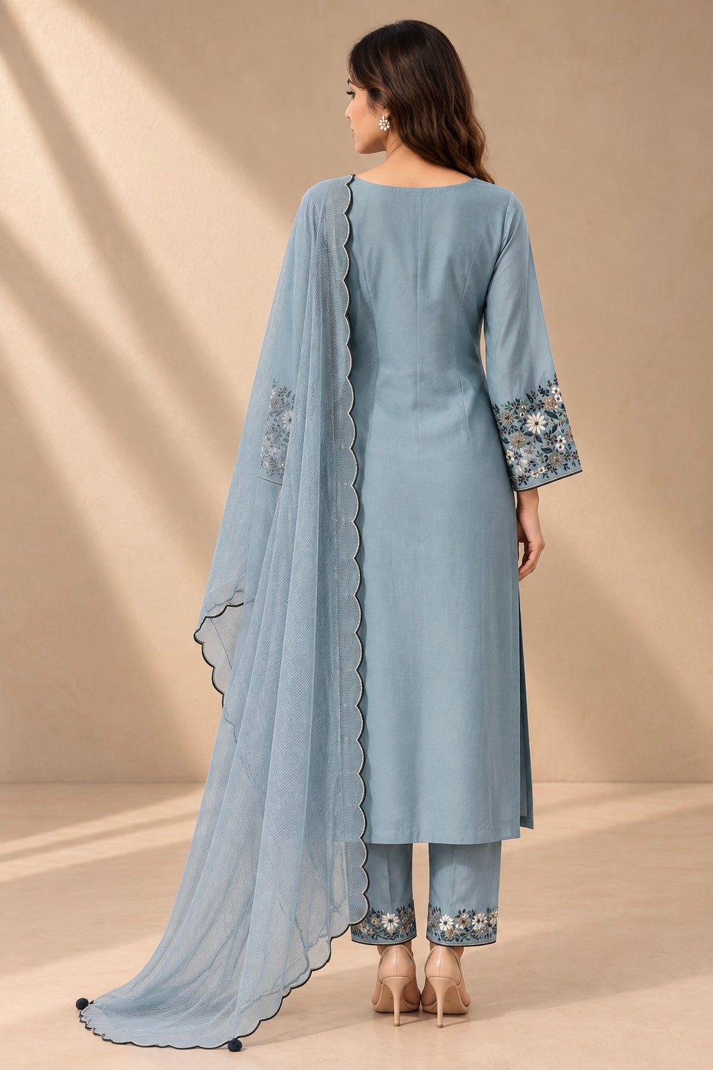 POWDER BLUE EMBROIDERED CHANDERI KURTA SET