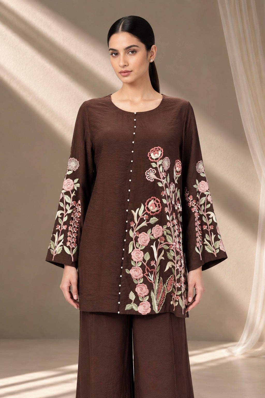 BROWN FLORAL EMBROIDERED CO-ORD SET